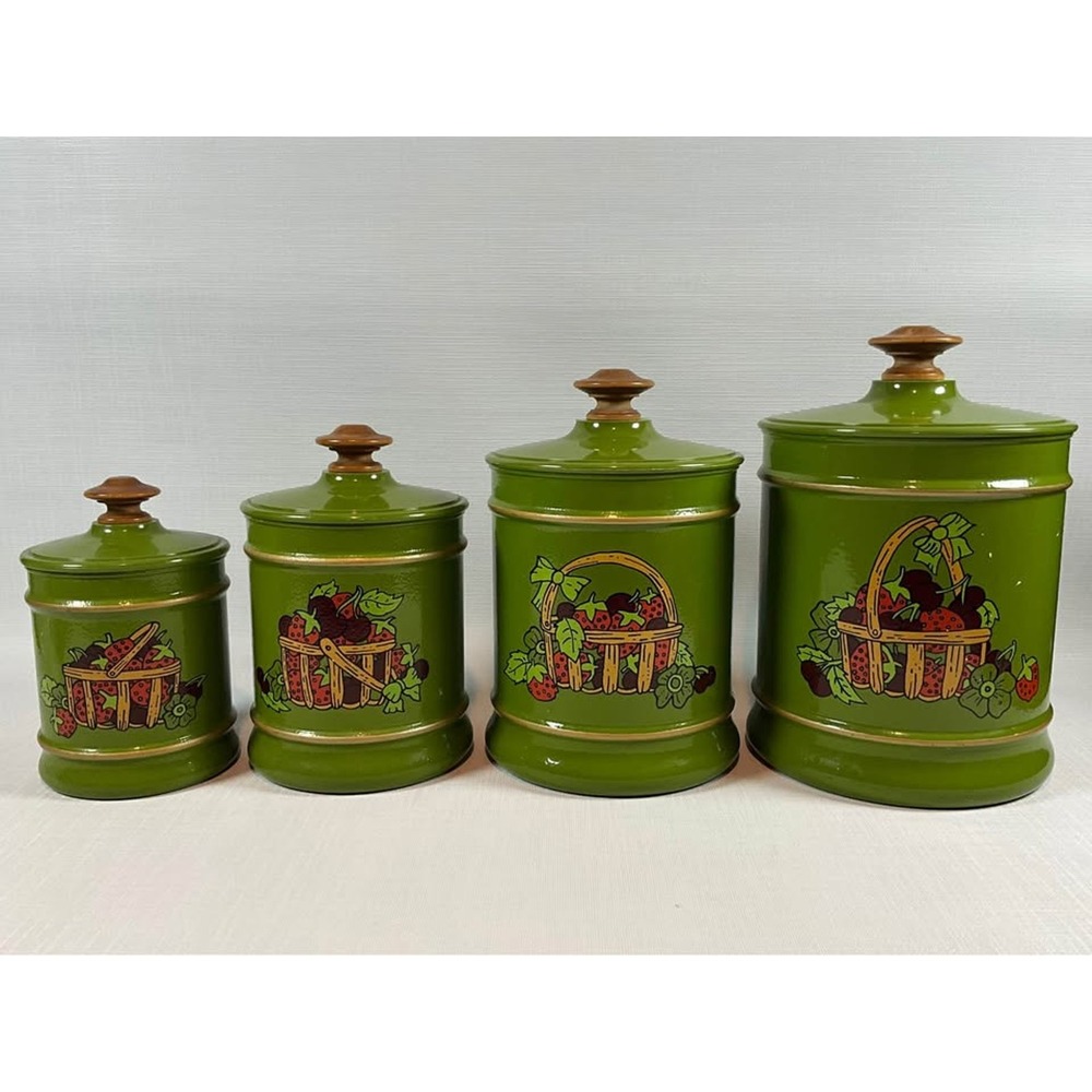 Kromex Green Metal Kitchen Canisters Set/4 with Berry Fruit Basket Motif Vintage